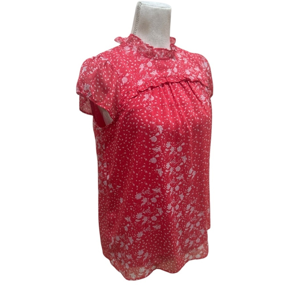 Joie cranberry pink chiffon Floral ruffle neck short sleeve Blouse size small - Picture 3 of 10